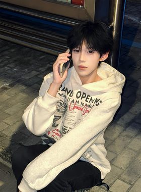 美式街头风连帽卫衣男宽松字母印花潮牌新款休闲加绒百搭休闲帽衫