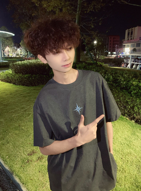 2026新款美式北极星刺绣短袖T恤男宽松oversize潮牌重磅纯棉上衣