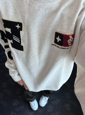 2025新款美式复古高街重磅刺绣宽松男女秋冬款套头国潮牌圆领卫衣