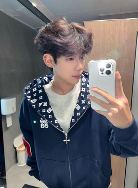 美式高街复古重磅刺绣开衫连帽卫衣男女秋冬季新款情侣装帽衫外套