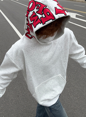 国潮牌灰色字母刺绣连帽卫衣男款秋冬加绒加厚宽松情侣装潮牌外套