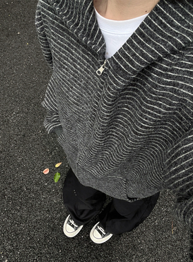 美式重磅复古条纹开衫帽衫卫衣男女秋冬加绒情侣boxy拉链连帽外套