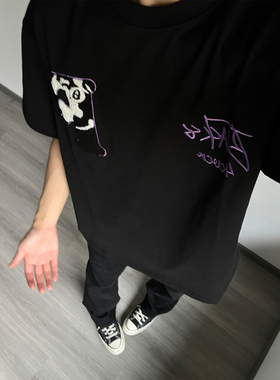 美式复古重磅地球刺绣短袖T恤男女国潮牌圆领宽松纯棉T恤百搭上衣