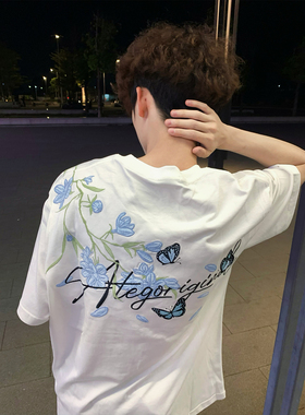 美式高街潮牌花卉蝴蝶刺绣短袖T恤男女重磅纯棉休闲同款百搭上衣