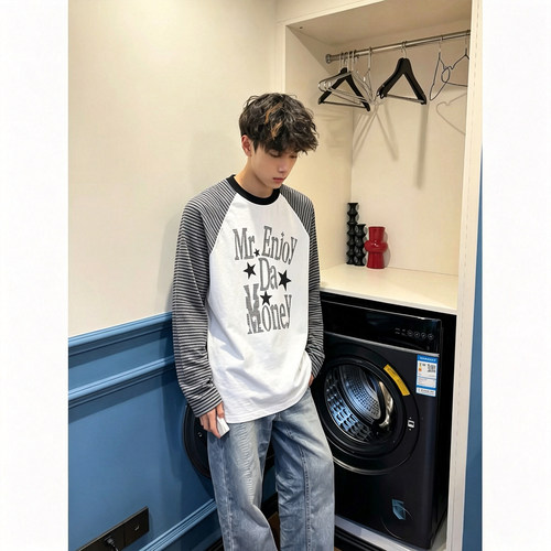 美式条纹星星字母刺绣T恤男款