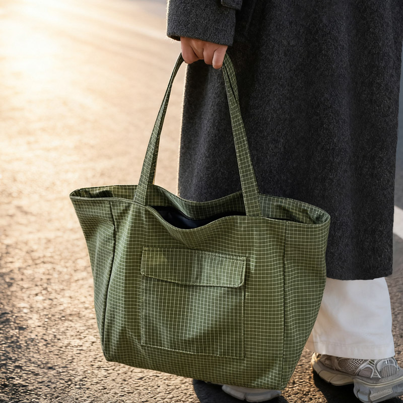 2025新款潮绿色格纹帆布托特包女大容量手提单肩包通勤百搭学生包