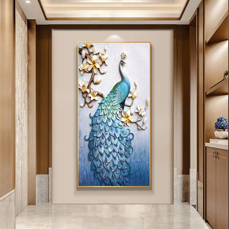 走廊玄关吉祥富贵孔雀图装饰挂画轻奢竖版大幅过道玄关背景墙壁画