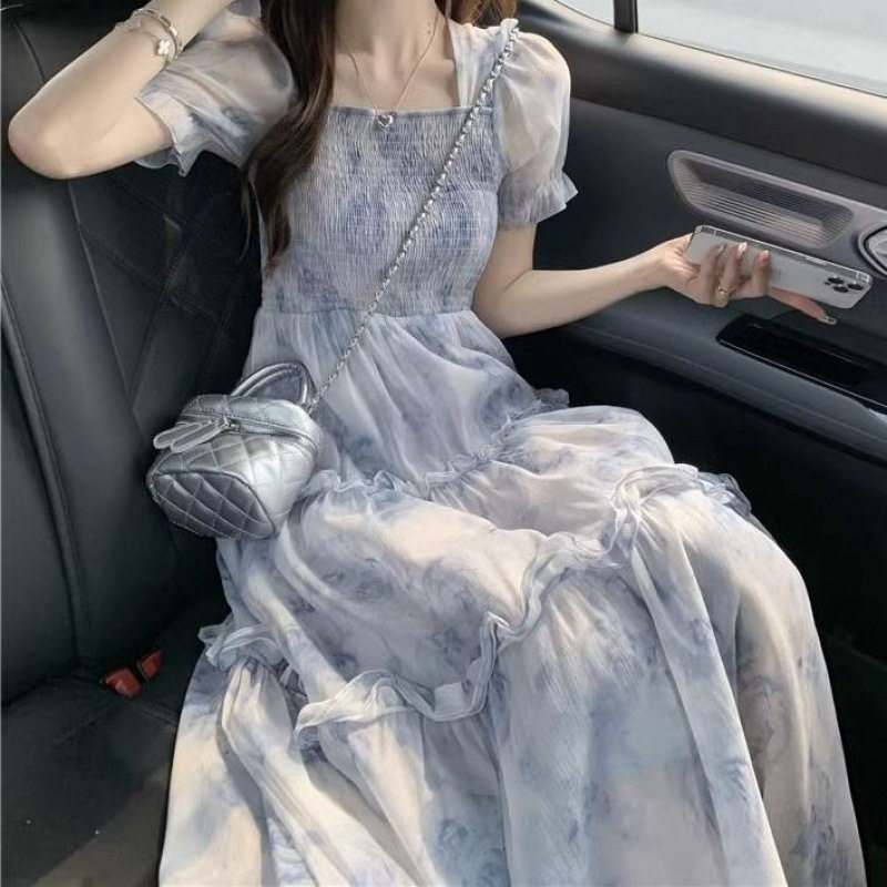 夏季新款大码女装温柔风法式超仙甜美收腰显瘦连衣裙子