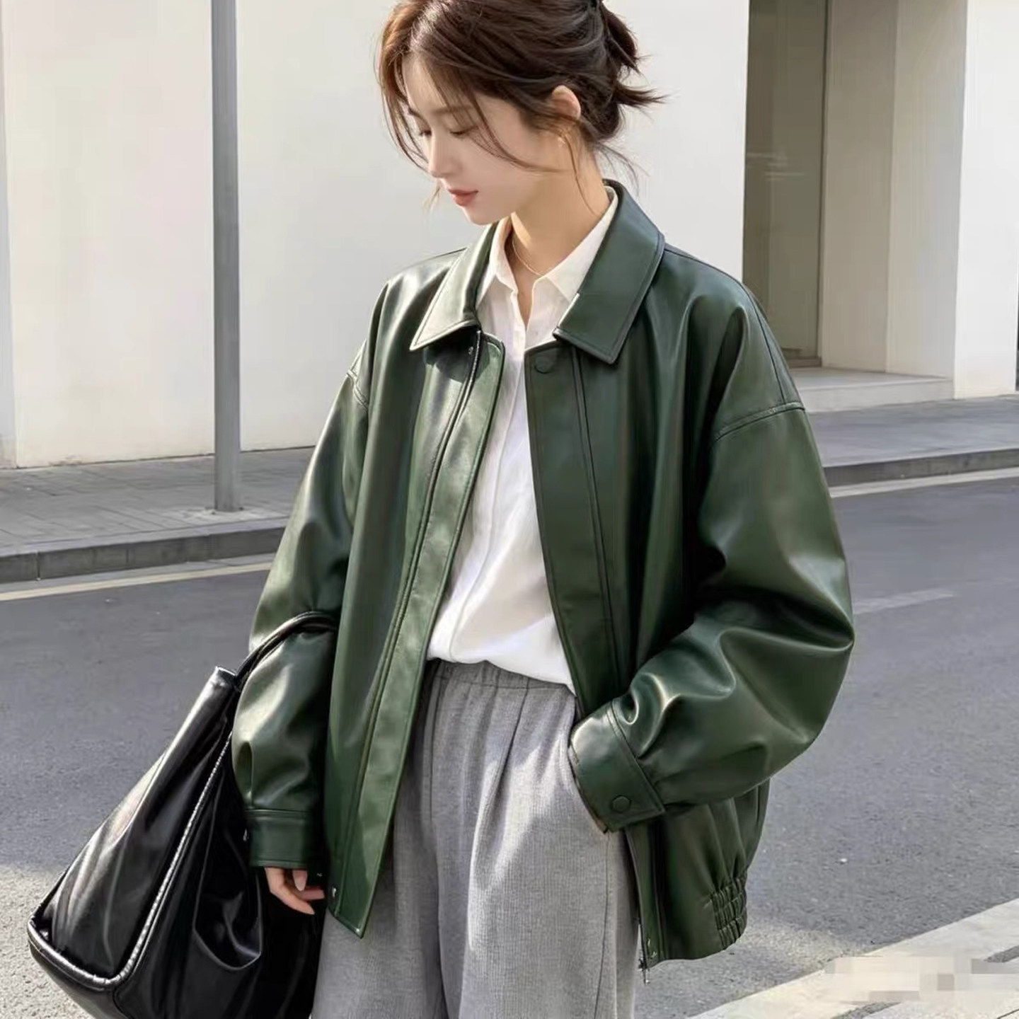 绿色皮衣外套女宽松休闲皮夹克