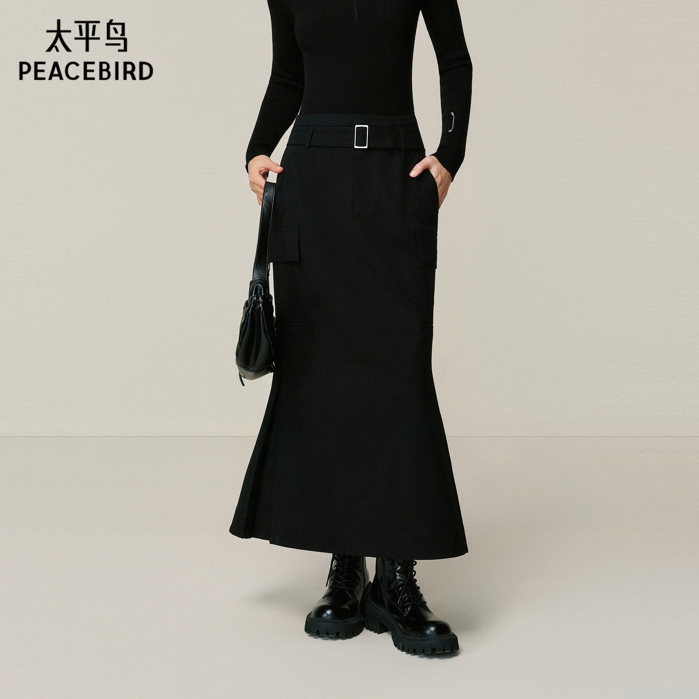 【商场同款】太平鸟黑色鱼尾中长裙女本布腰带半身裙A3GFF4434