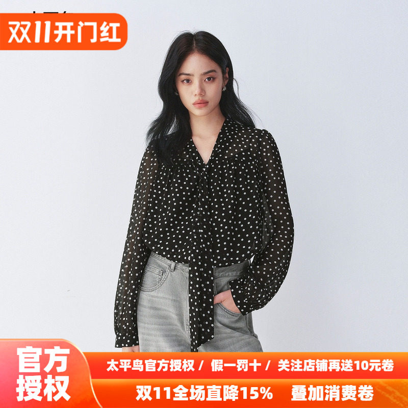 太平鸟复古波点长袖衬衫26秋季新款女士雪纺飘带系带法式优雅衬衣