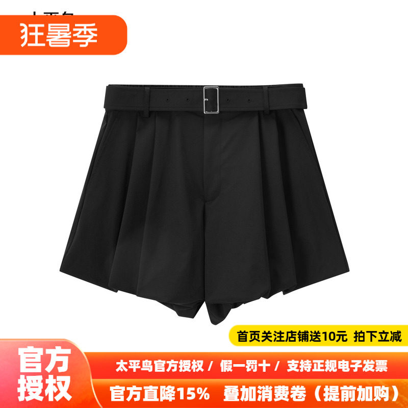 太平鸟高腰黑色短裤秋季时尚附带腰带阔腿直筒休闲中短裤女