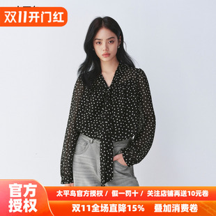 太平鸟复古波点长袖衬衫26秋季新款女士雪纺飘带系带法式优雅衬衣