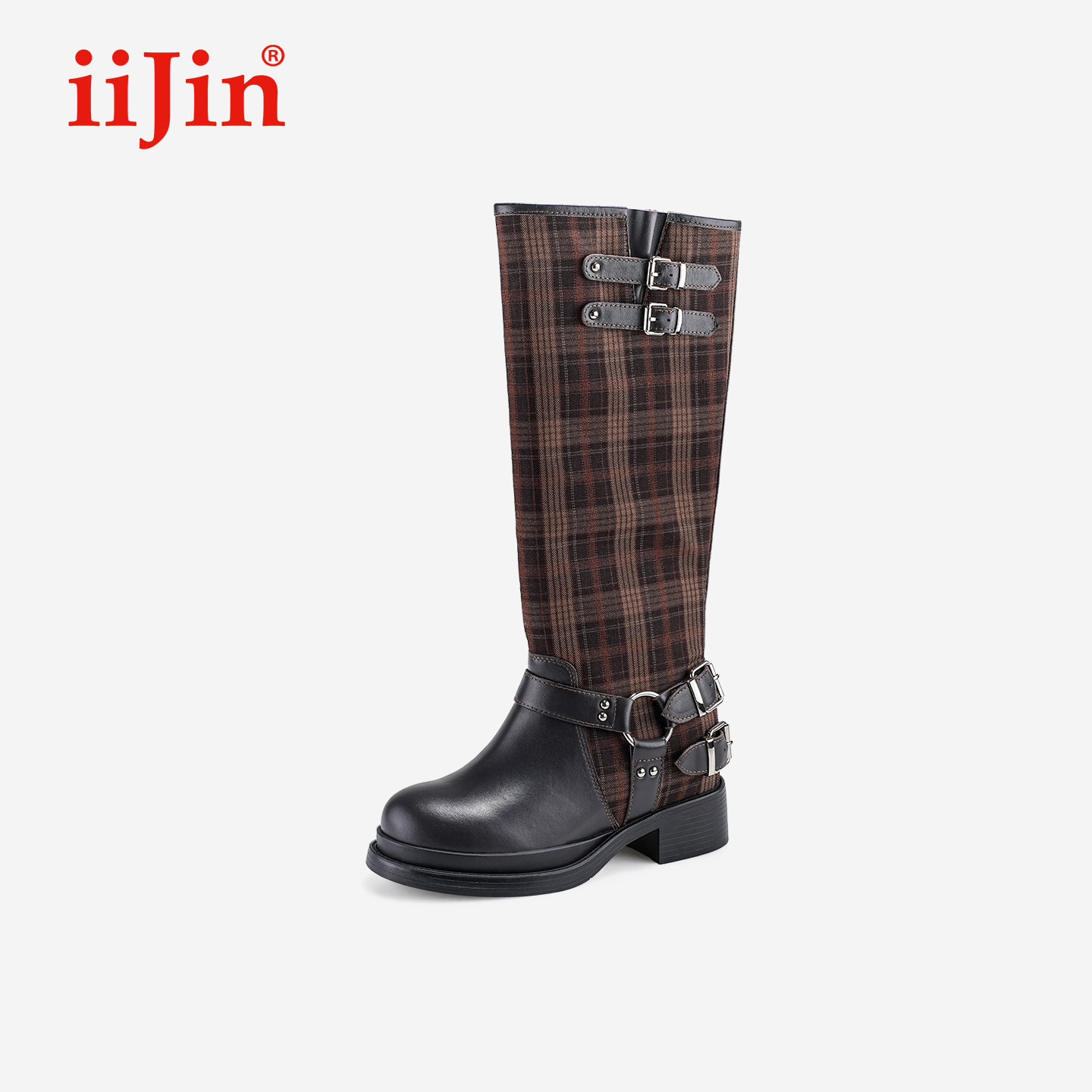 iiJin艾今26新品8cm厚底内增高格纹搭扣加绒骑士长筒靴女567STB,女鞋,骑士靴,淘宝优惠券,粉丝福利购,淘宝优惠卷