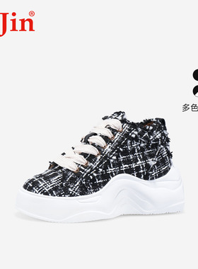 iiJin艾今官方超轻9cm厚底内增高香风粗呢花休闲老爹鞋女318AZCN