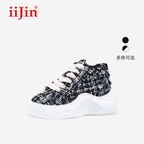 艾今9cm厚底增高香风织物老爹鞋