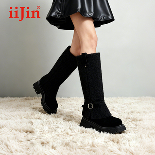 iiJin艾今25秋冬新品 9.5cm厚底内增高超轻毛绒搭扣长筒靴女559SXE
