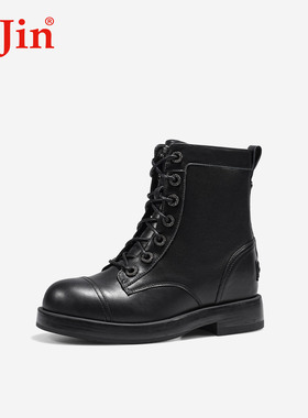 iiJin艾今25秋冬新品8cm厚底内增高真皮闪耀钻扣马丁短靴女594NFB