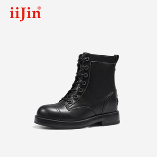 iiJin艾今25秋冬新品 8cm厚底内增高真皮闪耀钻扣马丁短靴女594NFB
