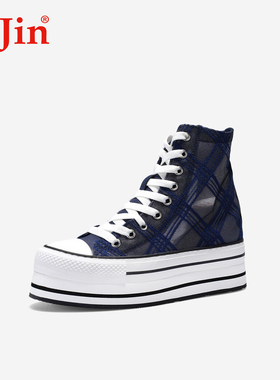 iiJin艾今25新款11cm厚底内增高格纹网纱时尚休闲高帮鞋女005LLA