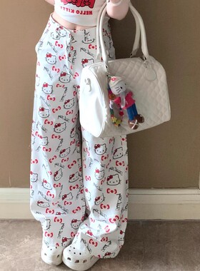 HelloKitty印花白色阔腿裤女夏宽松显瘦直筒裤慵懒百搭休闲拖地裤
