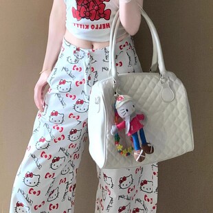 KT猫白色卡通牛仔裤女早秋薄款大码胖妹妹mm百搭显瘦加长阔腿裤子