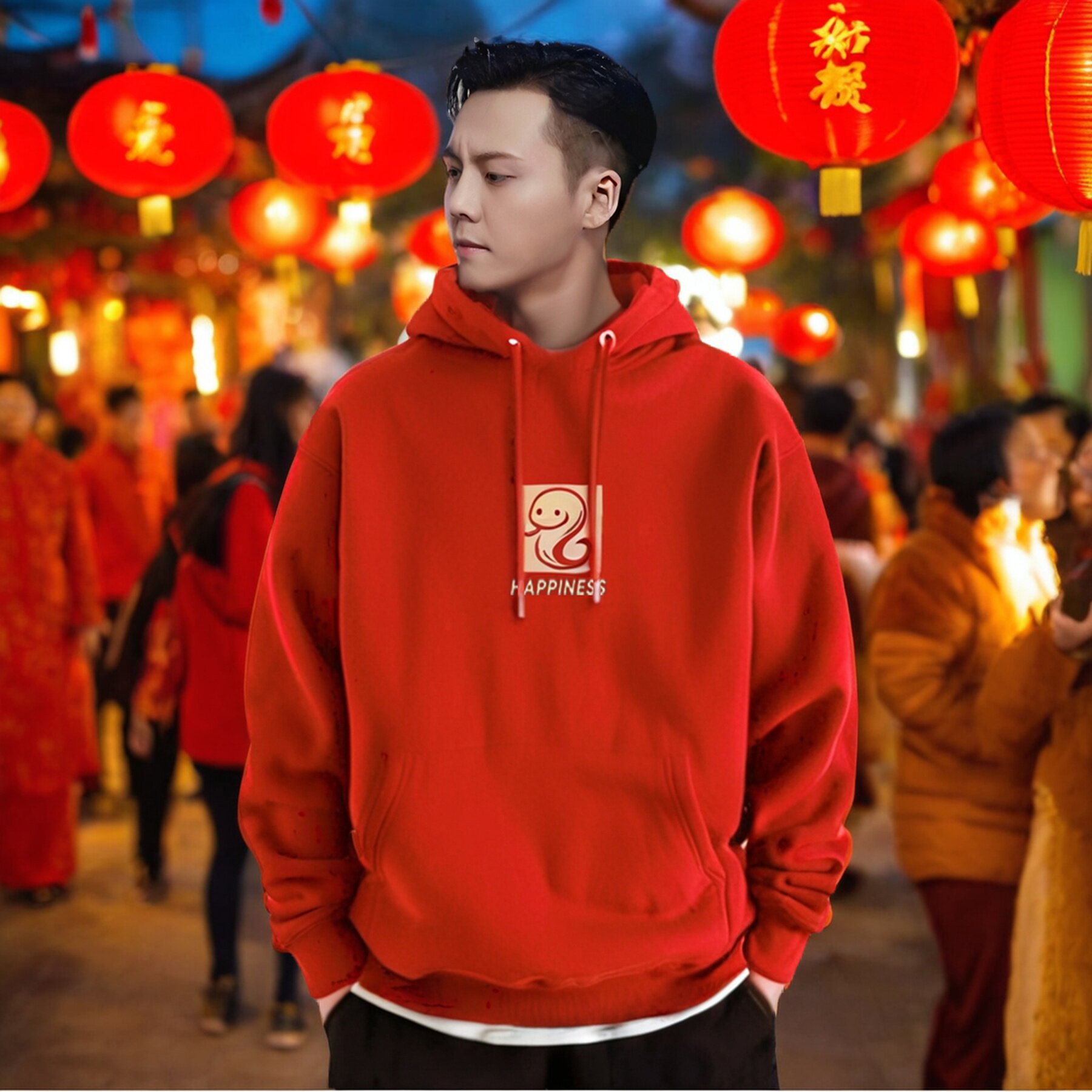 国风连帽红色卫衣男本命年新款幸福小蛇印花重磅加绒大码情侣外套