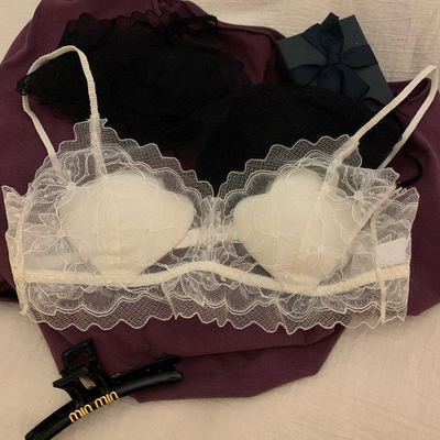 法式蕾丝内衣女夏季薄款无钢圈小胸聚拢性感纯欲细肩带美背文胸罩