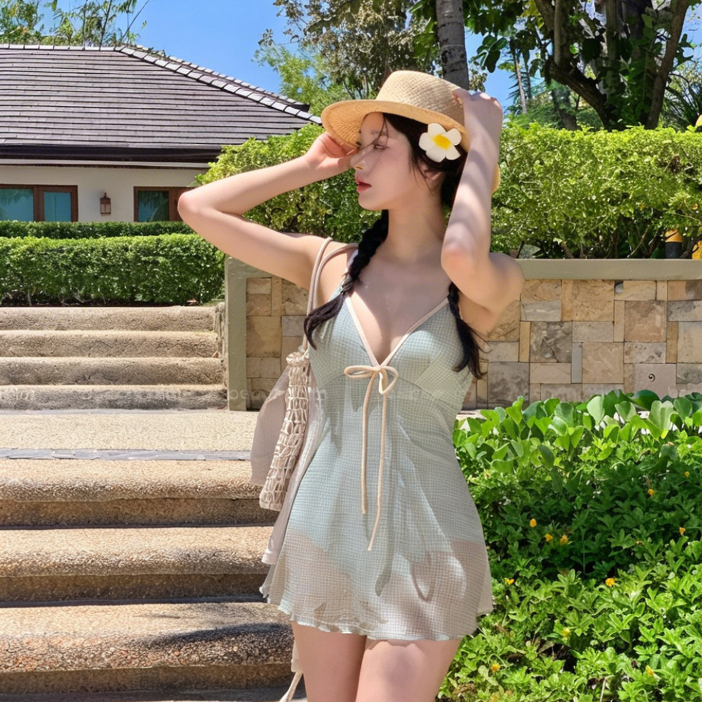 韩系少女浅绿格纹吊带裙式连体泳衣女V领系带修身显瘦气质泳装夏