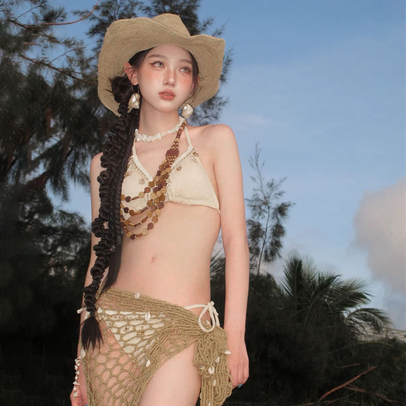 度假风手工编织贝壳比基尼女夏季沙滩三角比基尼带胸垫网裙套装