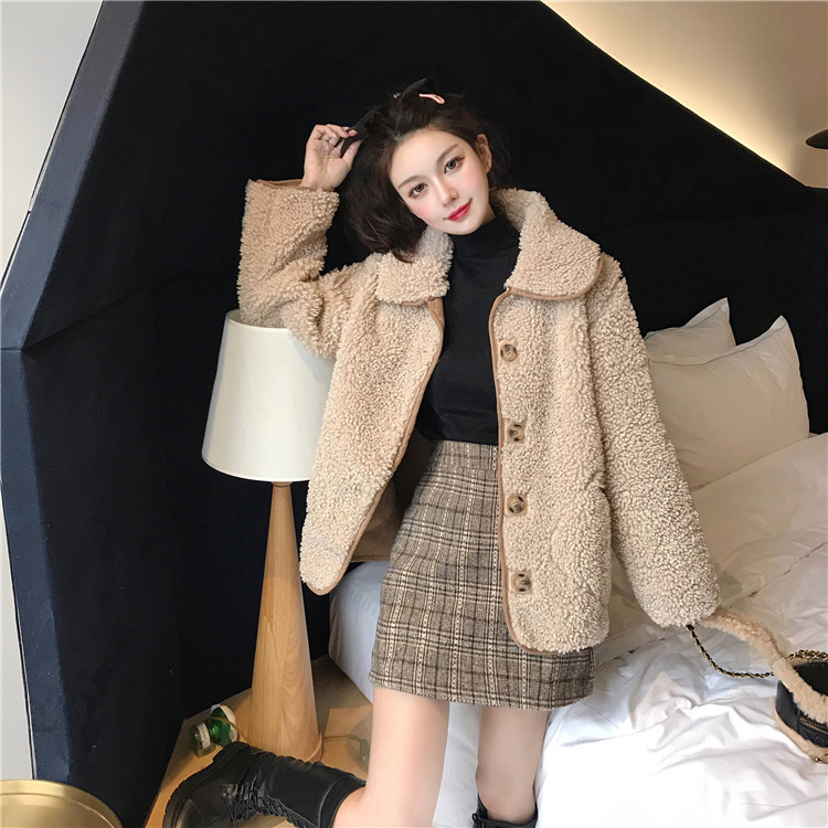 Foreign style fashion suit autumn and winter women's temperament goddess lamb fur coat T-shirt plaid skirt