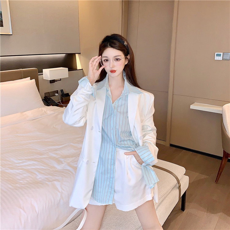 Real Hepburn temperament slim long sleeve suit jacket shorts versatile striped shirt suit