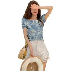 Real shot 2021 spring French floral square collar shirt women's design