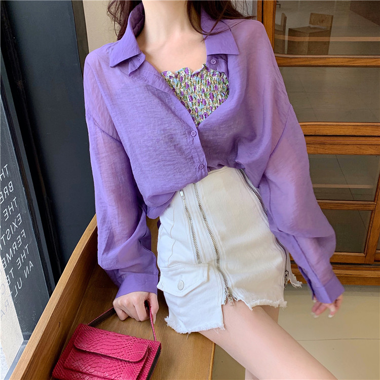 Shooting 2020 new loose casual polo collar long sleeve sun proof shirt + floral small sling set