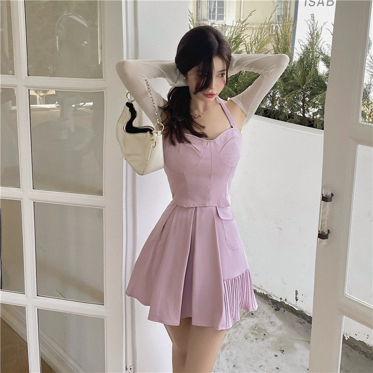 Real shot summer French bandage sling short sleeve top and half skirt suit + solid color sunscreen cardigan