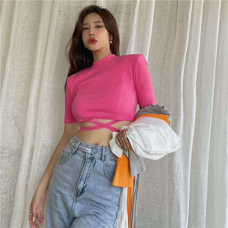 Real photo 2021 summer new short slim open navel bandage design slim T-shirt