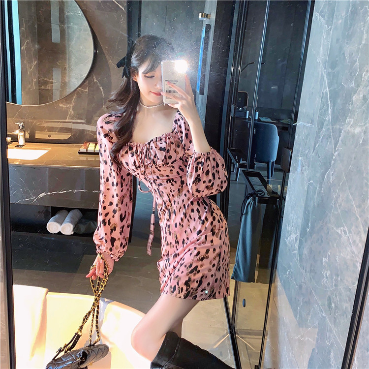 Real shot 2021 early spring new product fashionable careful machine generous collar Platycodon grandiflorum French Pink Leopard Dress female