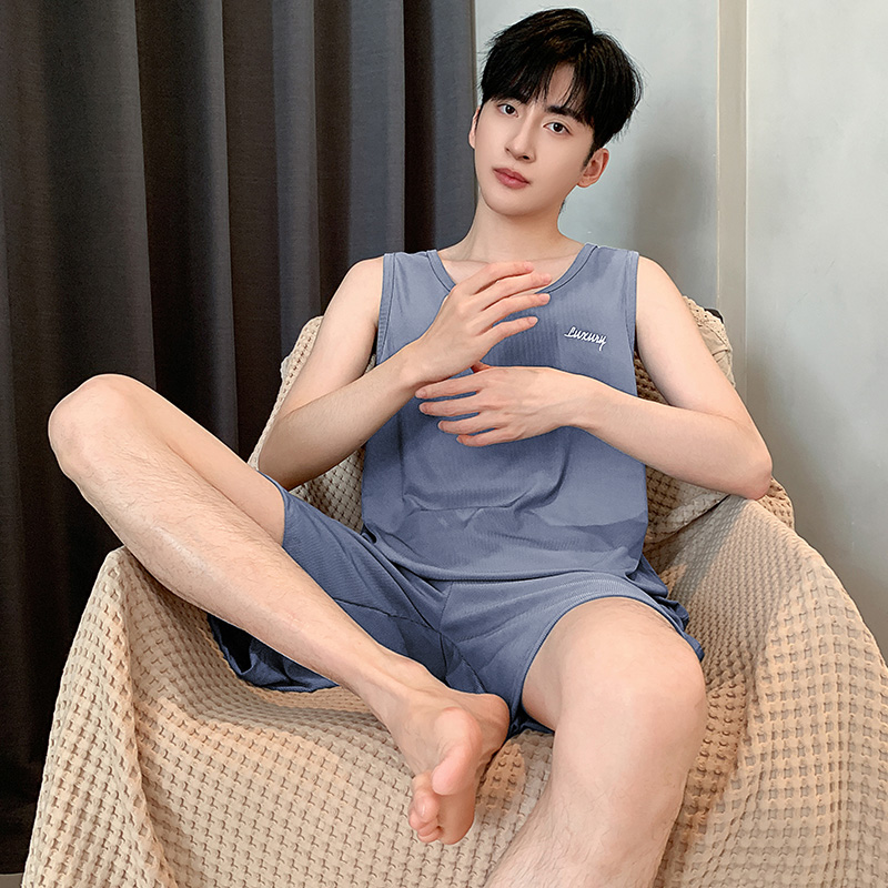 冰丝睡衣男款夏季背心凉感圆领休闲中年爸爸可外穿家夏天居服套装
