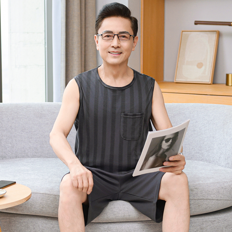 纯棉睡衣男款无袖背心短裤夏天休闲薄款中老年爸爸家居服大码套装