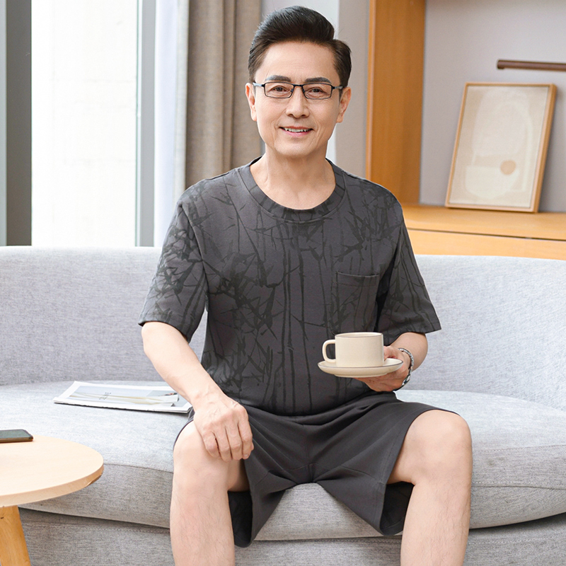 纯棉睡衣男款夏季短袖五分裤中老年爸爸薄款加肥加大码宽松家居服
