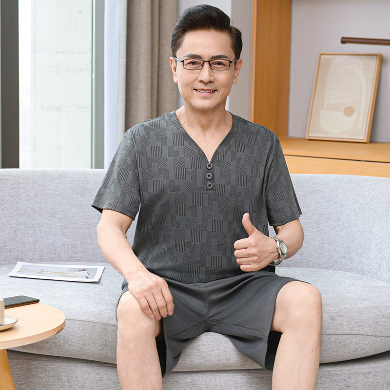 纯棉睡衣男士短袖五分裤夏季薄款中老年人爸爸家居服套装2025新款