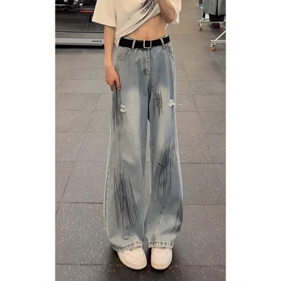 浅蓝色弯刀破洞牛仔裤男夏薄款美式高街复古裤子高个子直筒微喇裤