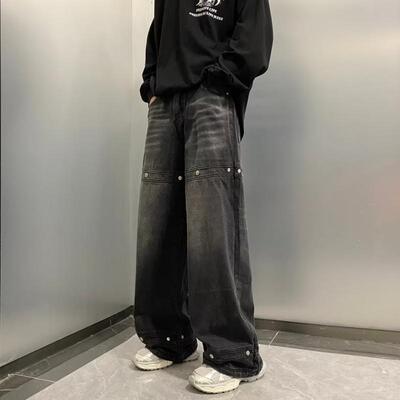 美式做旧工装牛仔裤男春秋款潮牌hiphop宽松百搭嘻哈直筒阔腿裤子