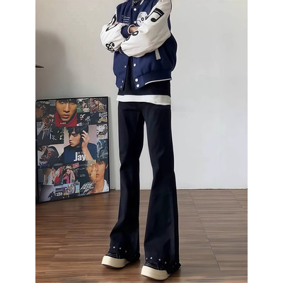 黑色毛边弯刀牛仔裤男美式高街铆钉设计感裤子cleanfit直筒微喇裤