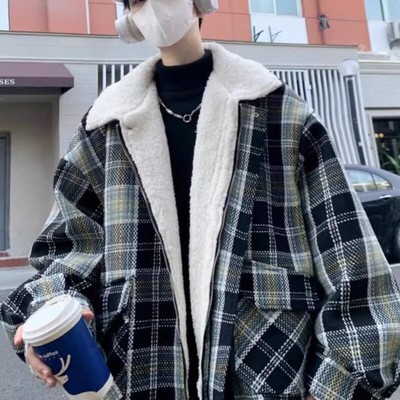 羊羔毛棉服男款小香风格子冬季外套高级感潮牌潮流羊羔绒加厚棉衣