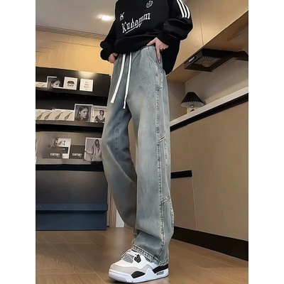 美式复古牛仔裤男款秋冬季拼接设计感裤子高街vibe显瘦直筒微喇裤