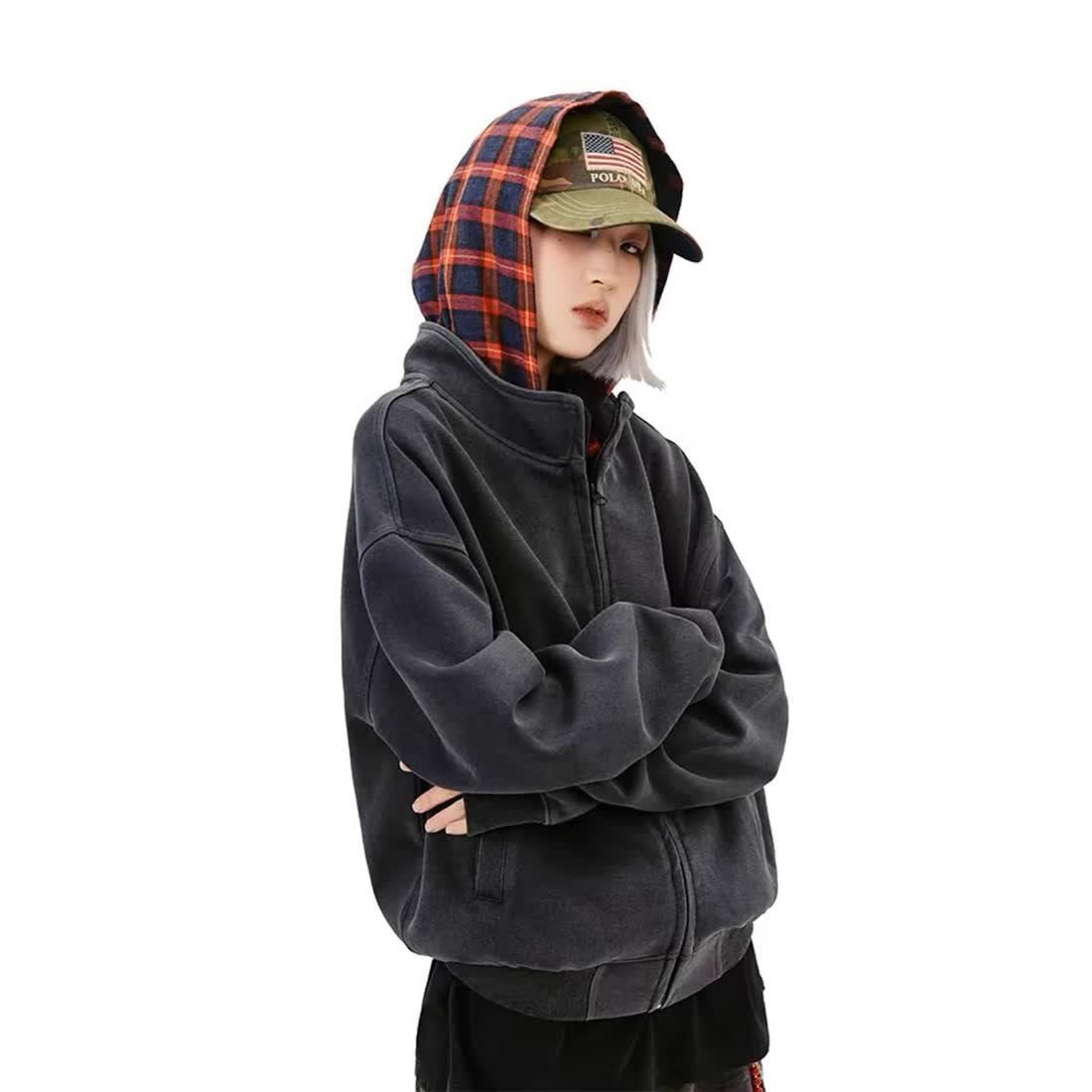 美式复古假两件格子连帽卫衣秋冬季潮牌宽松水洗boxy短款夹克外套