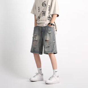 潮牌休闲五分裤 水洗做旧破洞牛仔短裤 美式 男夏季 小众设计感拉链裤