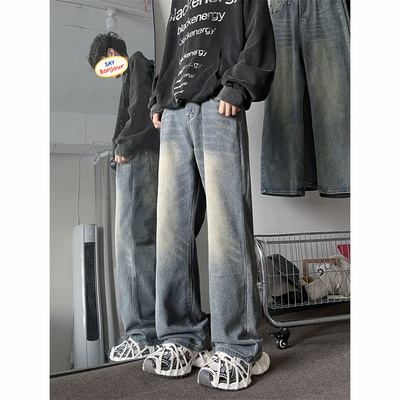 美式复古vibe牛仔裤男高街水洗做旧宽松阔腿裤子潮牌宽松直筒长裤