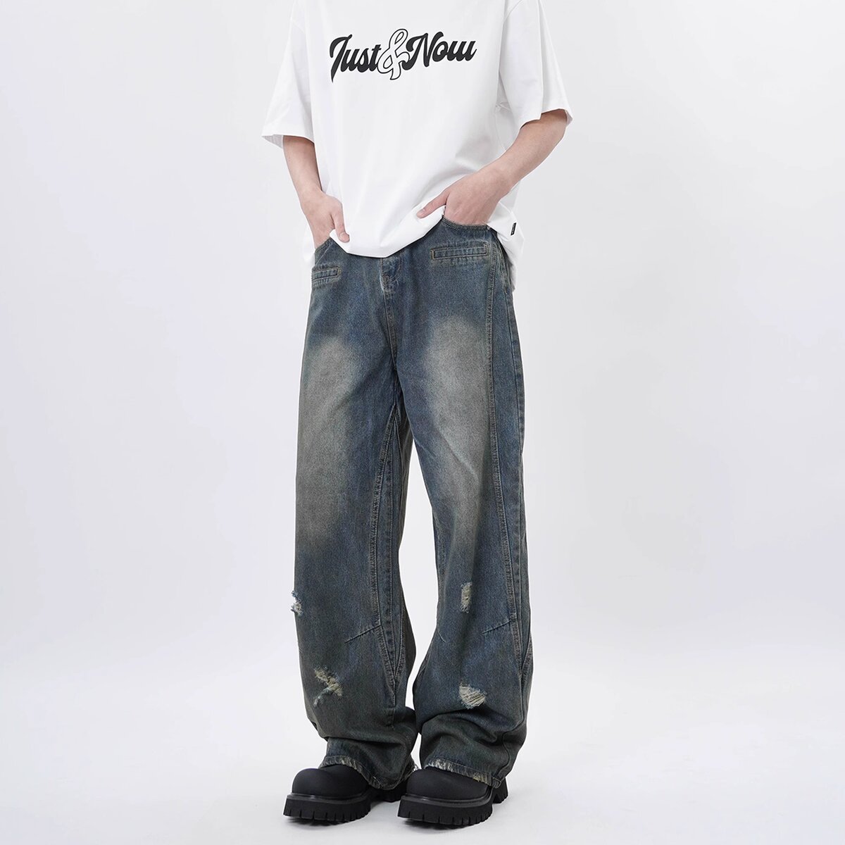 美式复古做旧水洗脏染破洞牛仔裤男女宽松直筒高街dirtyfit裤子